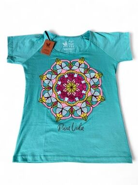NWT Pura Vida Costa Rica Teal Mandala Graphic Tee Medium Boho Shirt